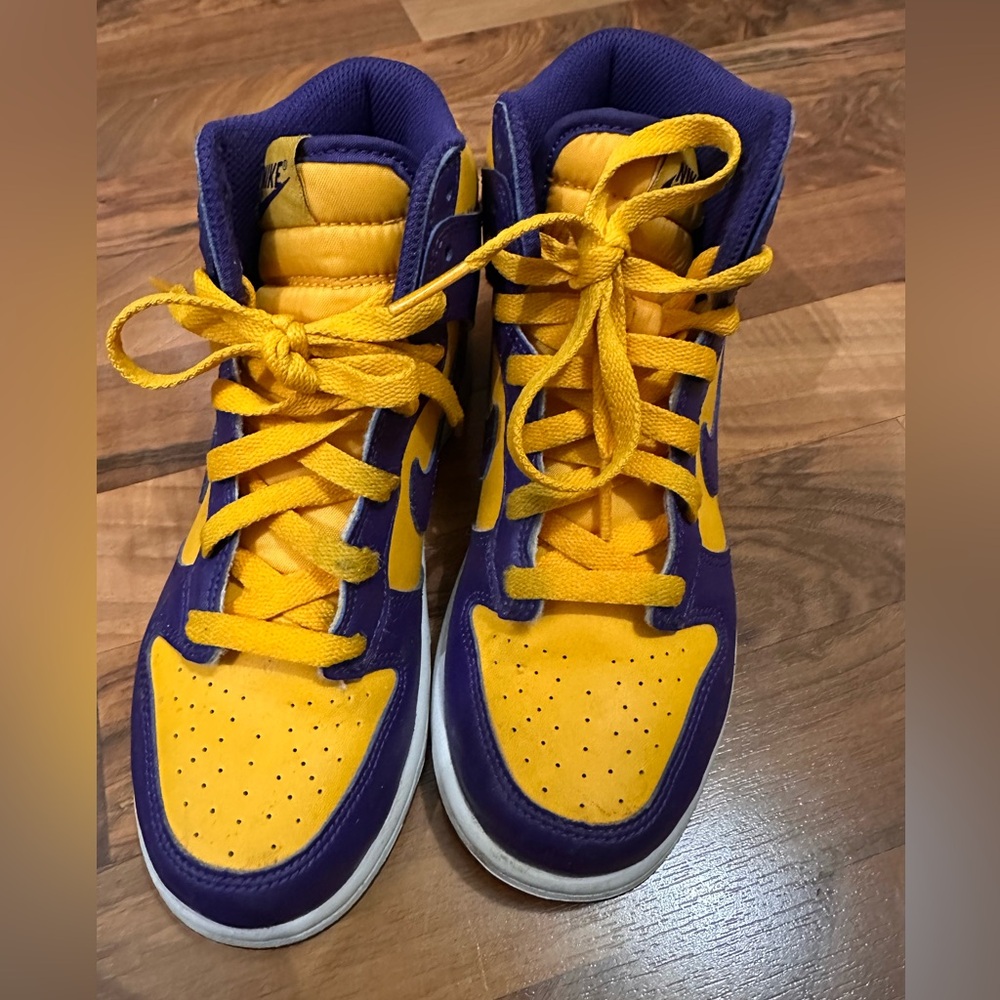 Nike Dunks High-Top Sneakers in Purple and Yellow Colorblock - Picture 5 of 9